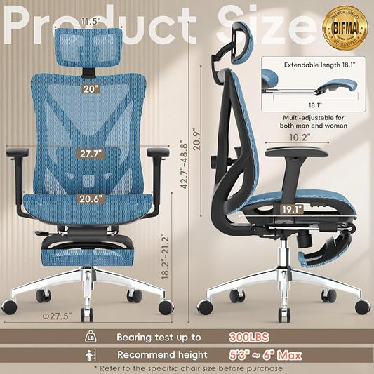 GABRYLLY Ergonomic Office Chair - 135° Reclining Desk Chair with Adjustable Lumbar Support, 3D Armrest, Large Headrest & Heavy Duty Steel Base, 300LBS Mesh Task Chair, Navy Blue