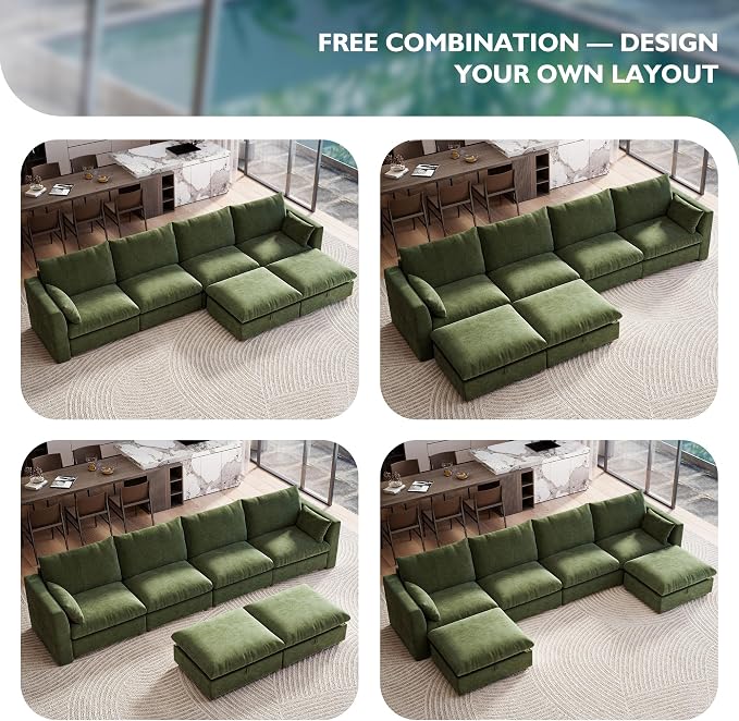 Ihanherry 152" Oversized Modular Sectional Sofa, Modern U Shaped Cloud Couch with 2 Storage Ottoman, 6-Seat Comfy Chenille Deep Seat Sofa with 2 Pillows for Living Room, Green