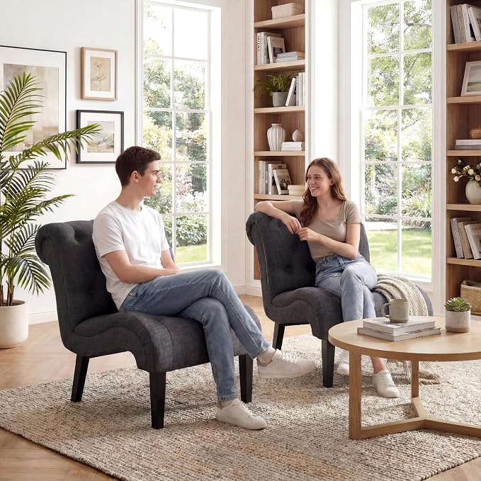 Accent Chairs Set of 2 Upholstered Living Room Bedroom Side Chairs Curved Button Tufted Armless Lounge Chair with Wood Legs Gray Fabric