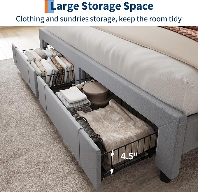 GarveeHome King Size Bed Frame with Storage Headboard, Upholstered Platform Beds with Drawers, Charging Station, Noise-Free, No Box Spring Needed, Easy Assembly, Light Grey