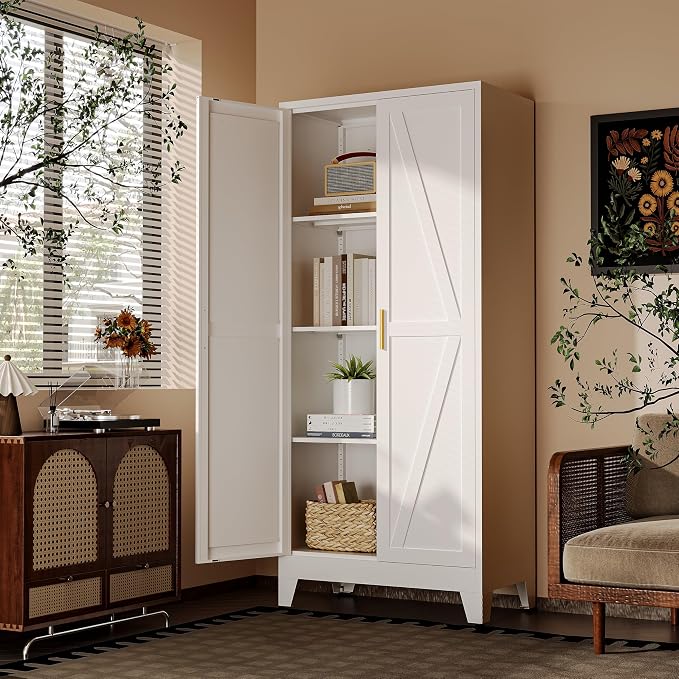 61" H White Storage Cabinet,Metal Pantry Cabinets with Doors,Tall Cabinet,Kitchen Pantry Storage Cabinets
