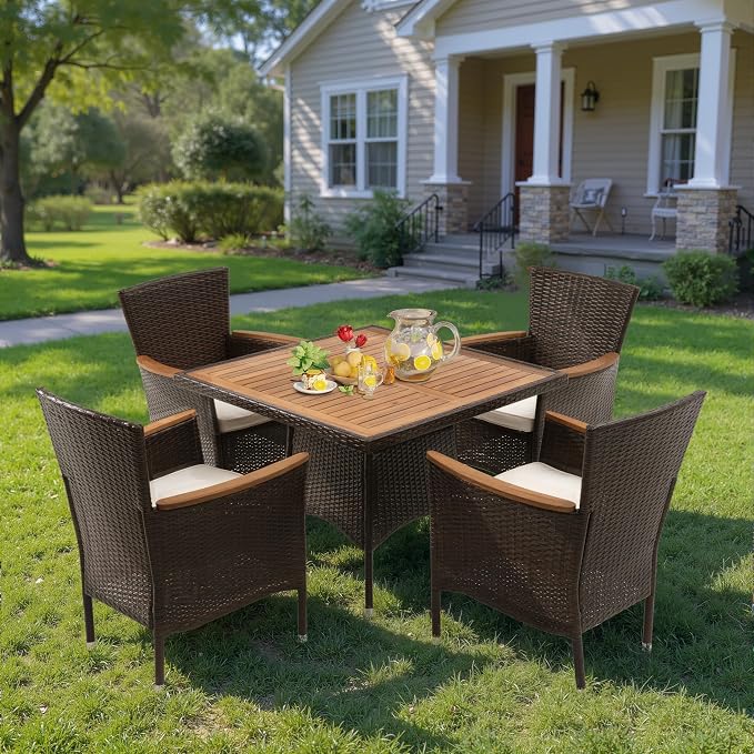 Wisteria Lane Patio Outdoor Table and Chairs Set, Rattan Outdoor Patio Furniture Set with Removable Cushions, Outdoor Patio Dining Sets with Acacia Wood Tabletop for Garden Backyard Deck, Brown
