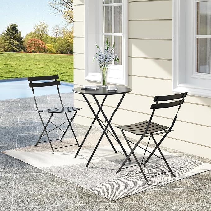 Bistro Table and Chairs Set of 2, 3 Piece Outdoor/Indoor Folding Patio Bistro Sets, 2 Chair Patio Furniture Set with Table, Premium Frame Foldable Coffee Tables for Balcony, Yard, Garden, Black