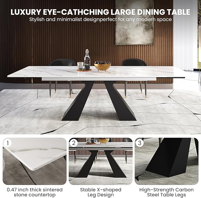 Modern Telescoping Dining Table for 8-10 People, 63-94.5 Inch Retractable White Simulated Marble Tabletop Thick Carbon Steel Base for Dining Room Kitchen Family Party