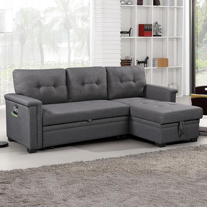 Lilola Home Ashlyn 84-inch Wide Dark Gray Linen Fabric Reversible Sleeper Sectional Sofa with USB Charging Ports – Convertible Pull-Out Bed, Storage Chaise, Side Pockets, and Medium Firm Cushioning