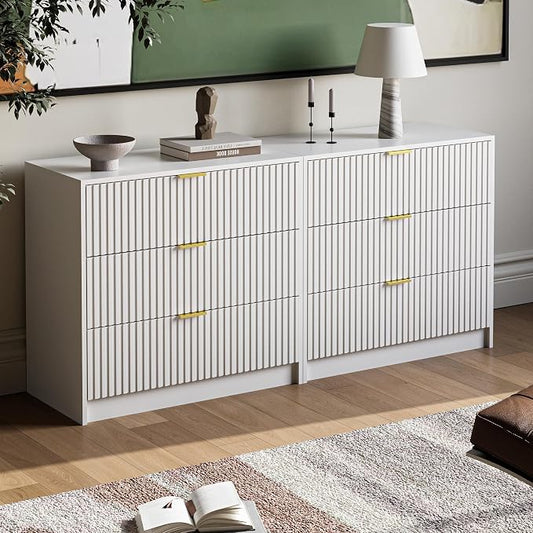MAISONARIA 3-Piece Dresser Bedroom Set, 9 Drawer Dresser & 3 Drawer Nightstands with Gold Handles, Fluted Wood Chest of Drawers for Bedroom, Living Room, Entryway, White