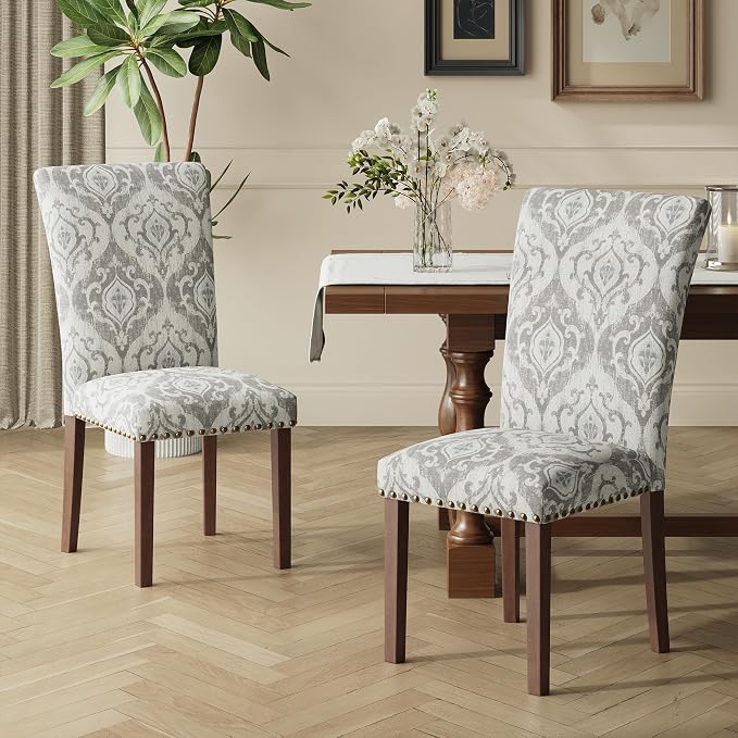 COLAMY Upholstered Parsons Dining Chairs Set of 4, Fabric Dining Room Kitchen Side Chair with Nailhead Trim and Wood Legs - Grey/White Flower