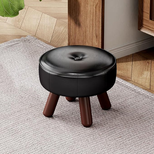 oakvivo 13in Small Foot Stool Ottoman, Round Faux Leather Foot Rest, Footstool Ottomans with Rubber Legs Under Desk, Footrest for Couch, Living Room, Bedroom, Office, 13''L x 13''W x 10.2''H, Black