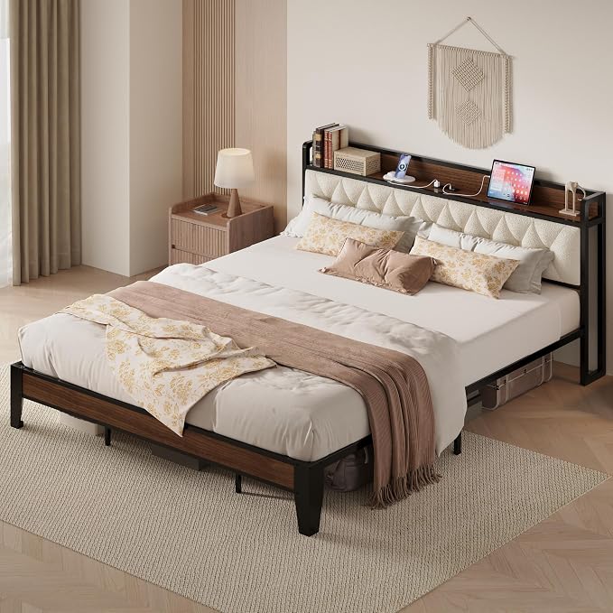 ANCTOR California King Bed Frame, Storage Headboard with Charging Station, Platform Bed Frame with Strong Metal Support, Sturdy and Stable, Noise Free, No Box Spring Needed, Easy Assembly, Walnut