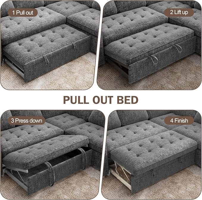 Sunny Heart 5-Seat Modular Sleeper Sofa with Pull-Out Bed & Storage, L-Shaped Chenille Sectional Couch, Reclining Backrest & USB Charging for Living Room,Guest Room Dark Grey