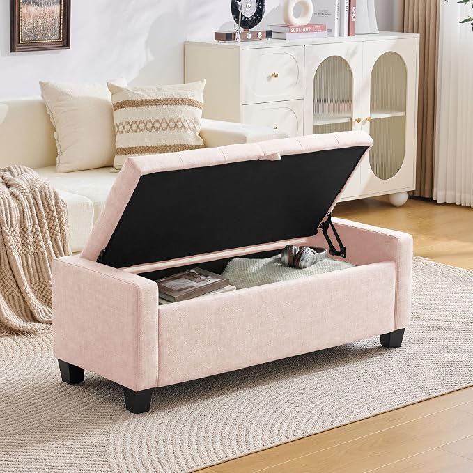 Huatean Home 43" Ottoman with Storage, Pink Storage Ottoman Bench with Safety Hinge, Upholstered Entryway Bench with Seating for Bedroom, Living Room, Holds up to 330 lb