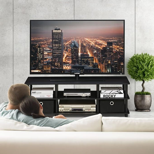 Furinno ECON TV Stand, 3-Tier Open Shelf Entertainment Center, TV Console with Storage Bins, Open Frame for Cable Management, Toolless Assembly, for Living Room, Bedroom, Espresso
