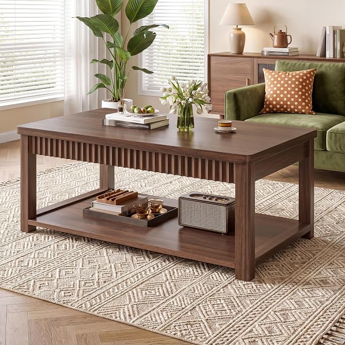 Homkdom Modern Coffee Table, 2-Tier Storage Shelf, Walnut | Wave-Edge, Kids Friendly Rounded Corners