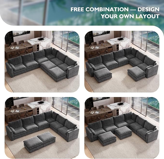 Ihanherry 146" Oversized Modular Sectional Sofa, Modern V Shaped Cloud Couch with 2 Storage Ottoman, 8-Seat Comfy Chenille Deep Seat Sofa with 2 Pillows for Living Room, Grey