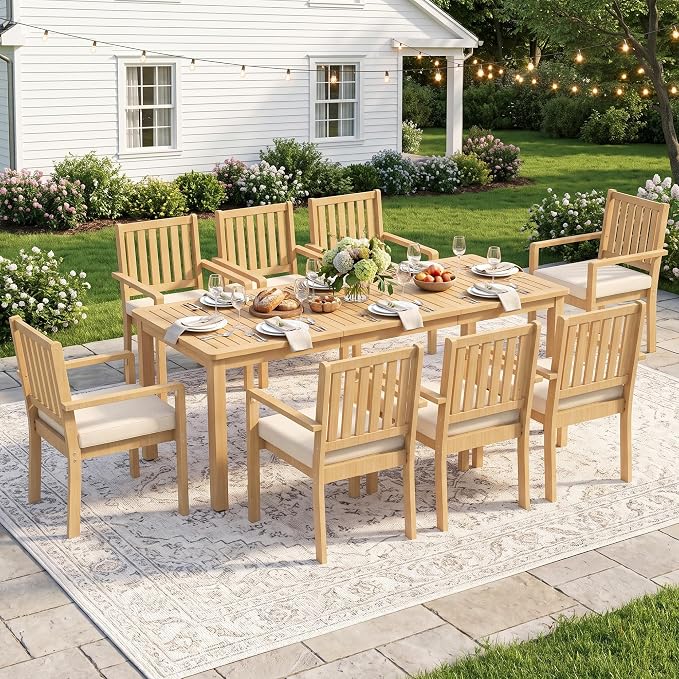 FansaFurn 9 Pieces Acacia Outdoor Patio Table and Chairs Set for All-Weather, Outside Furniture with Table Umbrella Hole and Removable Cushion for 8, Outdoor Patio Furniture Set for Garden, Beige
