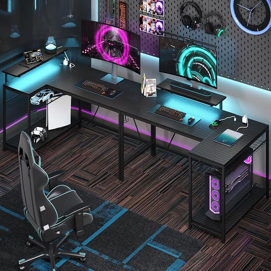 Bestier 52" Gaming Desk with Integrated Power Outlet & USB Ports, L-Shaped Computer Desk with LED Strip & Headphone Hooks, Perfect for Home Office Pink,Carbon Fiber Black