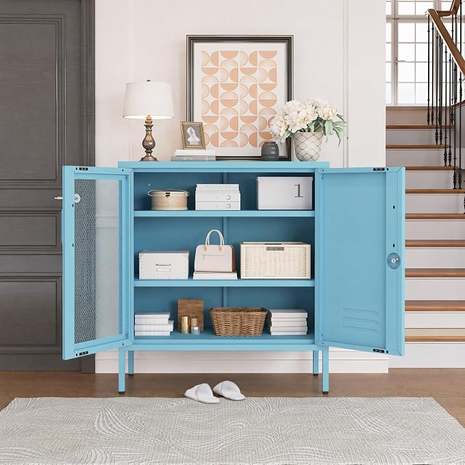 Lockable Metal Storage Cabinet Locker, Multifunctional Versatile Storage Lockers with Adjustable Shelves and Mesh Door, Durable Metal Sideboard Furniture for Restaurant Home Office Blue