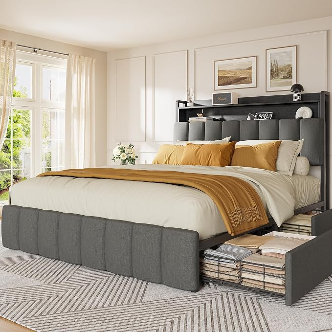 PRAISUN Bed Frame Full Size with Upholstered Headboard & Charging Station, Full Size Metal Bed Frame with 4 Storage Drawers, 2-Tier Open Shelves, No Box Spring Needed, Slient Foam Strip, Grey