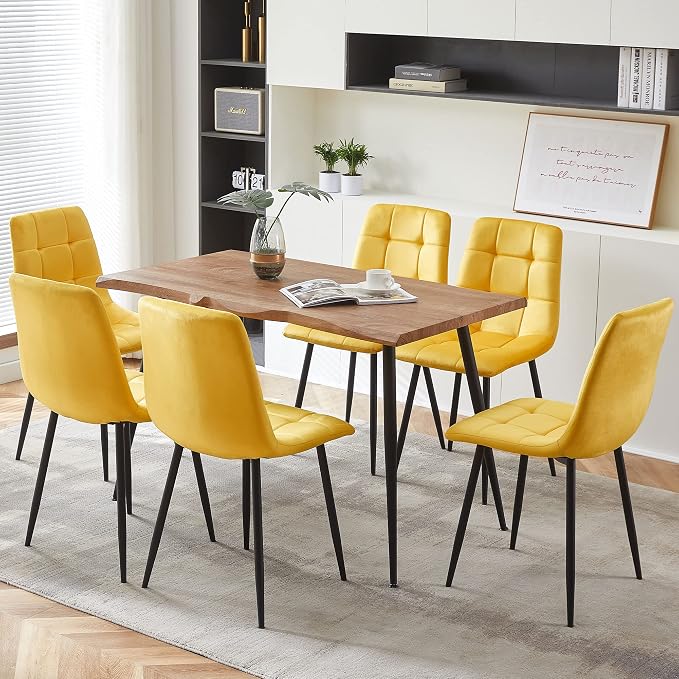 NORDICANA Yellow Velvet Dining Chairs Set of 6, Upholstered Tufted Kitchen Chairs, Comfortable Seat, Metal Leg, Easy Assembly