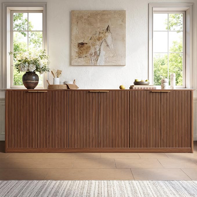 Evermagin 94.5" Fluted Walnut Buffet Cabinet Sideboard with Storage, TV Stands with 6 Doors, Wood Mid Century Modern Credenza for Kitchen and Living Room (94.5" W*31.5" H*15.7" D), Walnut