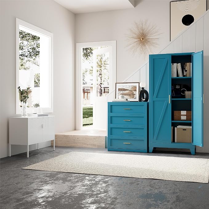 61”H Metal Kitchen Pantry Cabinet, Pantry Cabinets with 2 Doors and 3 Shelves, Kitchen Cabinet for Kitchen, Dining Room, Living Room and Bathroom, Blue
