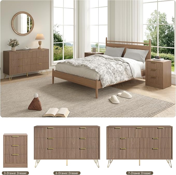 Fluted 7 Drawers Dresser for Bedroom, Wood Dressers with Scratch-Proof Golden Handles, Natural Curved Profile, Modern Chest for Living Room, Hallway, Entryway, Natural Oak