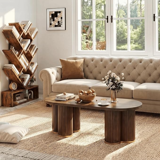 YOSHOOT Oval Fluted Coffee Tables for Living Room, 47" Wood Coffee Table | Modern Coffee Table for Living Room Home Office, Farmhouse Center Table, Walnut