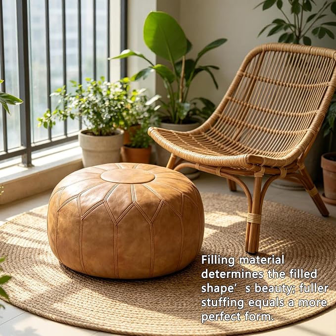 Thgonwid Unstuffed Moroccan Faux Leather Pouf Ottoman Cover with Storage - Boho Chic Multi-Use Footrest for Living Room, Bedroom, Patio - Round Ethnic Floor Cushion & Decorative Accent, Khaki