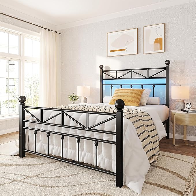 EnHomee 14.2" Metal Twin Bed Frames with Tall Headboard & Footboard, LED Light Twin Bed Frame, Strong Slats Support and Noise-Free Design with Under Bed Storage/No Box Spring Needed/Black