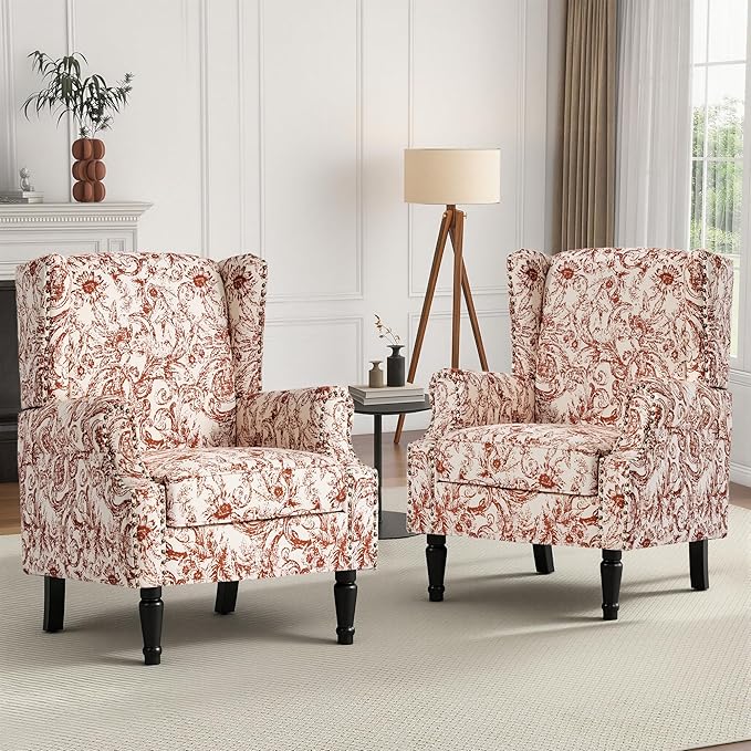 High Back Floral Accent Chair, Fabric Wingback Chair Upholstered Armchair for Living Room - Rococo Orange