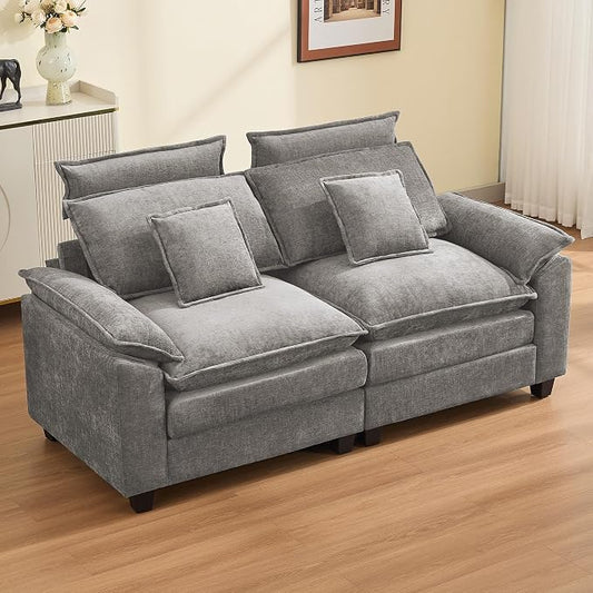 72'' Cloud Modern Loveseat Couch with Detachable Headrest, Modular Sectional Sofa Couch Deep Love Seat, Oversized 2 Seater Chenille Comfy Sofa with Armrests for Living Room, Light Grey