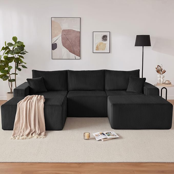 Weture 108” Modular Sectional Couches, Modern Modular U-Shape Sofa with Chaise, Cloud Sectional Couch with Deep Seat, Upholstered Boneless Sofa for Living Room (Corduroy, Black)