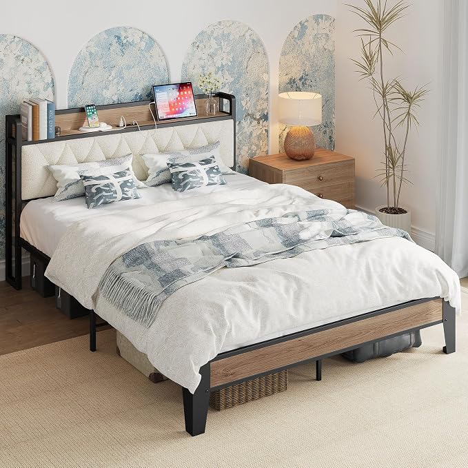 ANCTOR Queen Bed Frame with Storage Headboard & Charging Station, Metal Platform Queen Bed, Upholstered Tufted Headboard, Heavy Duty Slat Support, Noise Free, No Box Spring Needed, Wood and Cream