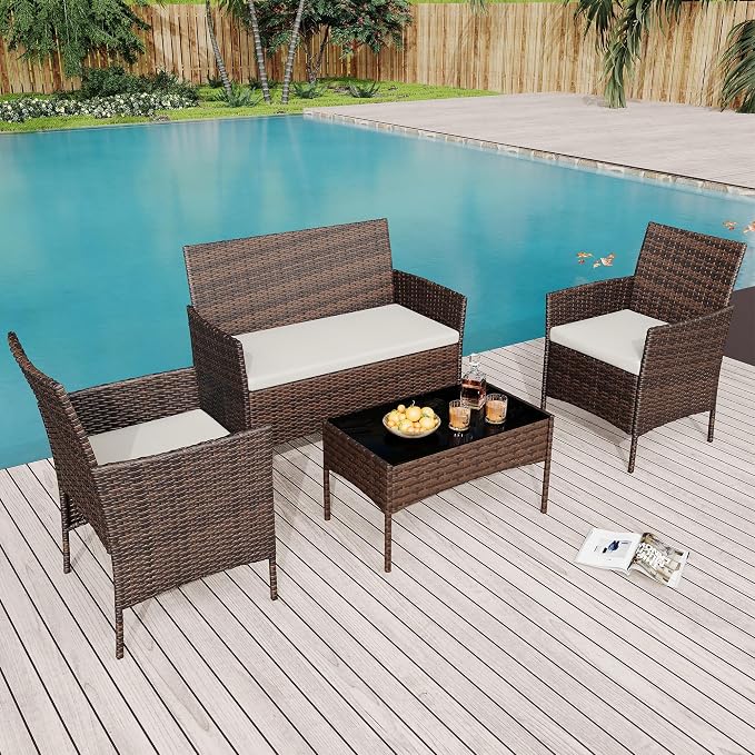 4PCS Outdoor Patio Bistro Set, PE Rattan Wicker Armchairs, Brown/Beige