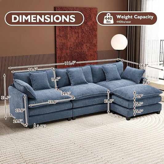 Ihanherry 111.4" L Shaped Cloud Sofa with Ottoman Modular Sectional Modern Couch, 4-Seat Chenille Deep Seat Sofa with Pillow for Living Room, Bedroom and Apartment, Blue