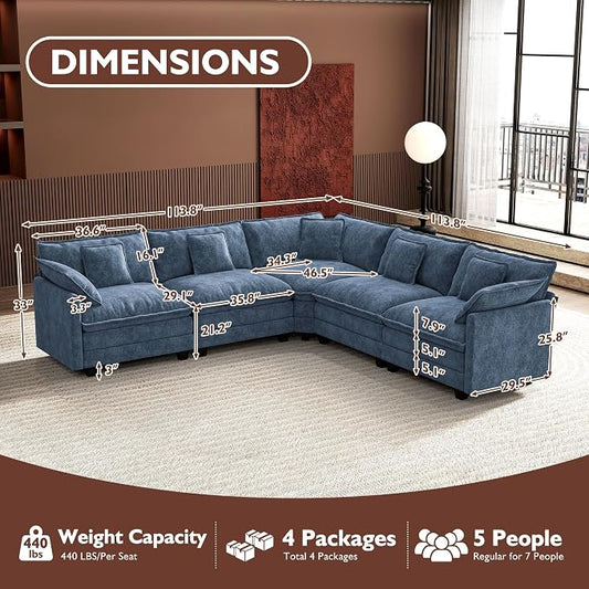 Ihanherry 114" V-Shaped Modern Sofa Modular Sectional Cloud Couch with Corner Section, 5-Seat Chenille Deep Seat Sofa with 5 Pillows for Living Room, Bedroom and Apartment, Blue