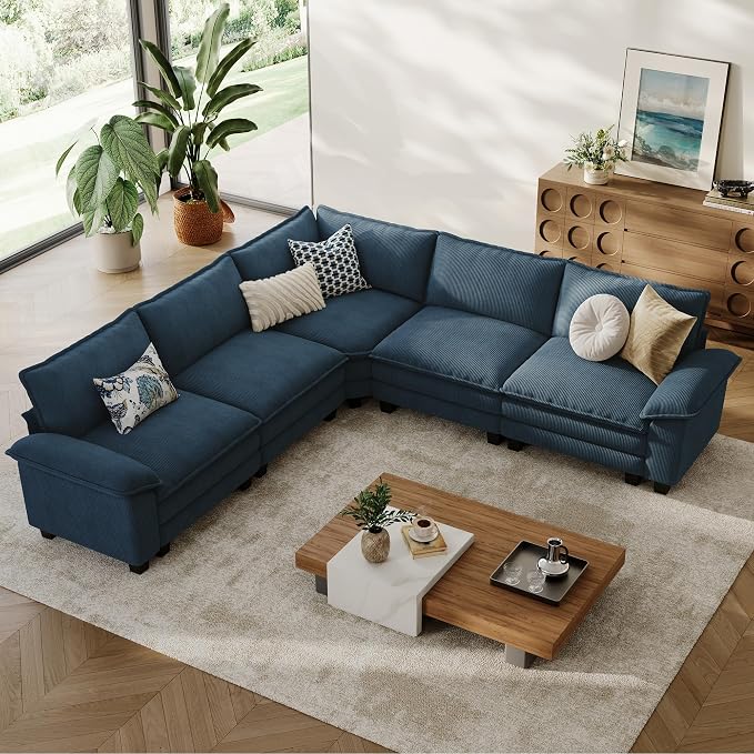 LINSY HOME Modular Sectional Sofa 5 Seat Couch Corduroy Cloud Couch with Deep Seat, Modern V-Shaped Cloud Couch for Living Room, Office, Bedroom, Blue