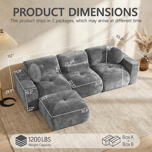 112" Modular Sectional Cloud Couch, L Shaped Sofa Boneless Couches with Movable Ottoman, 3 Deep Seat Modern Comfy Velvet Sofa for Living Room, Bedroom, Apartment (Grey)