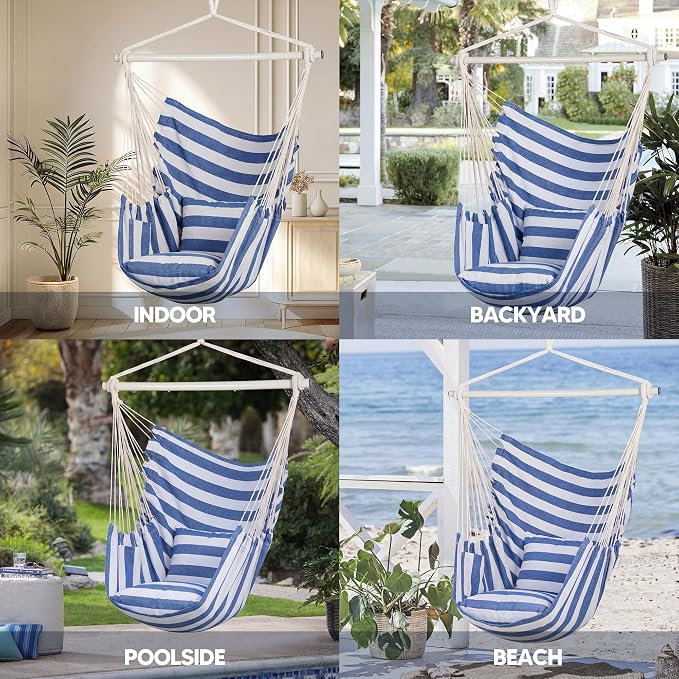 SUNCREAT Hammock Chairs Hammock Chair Swing with Steel Support Bar, Side Pocket, Large Swing Chair for Bedroom, Patio, Garden, Blue & White