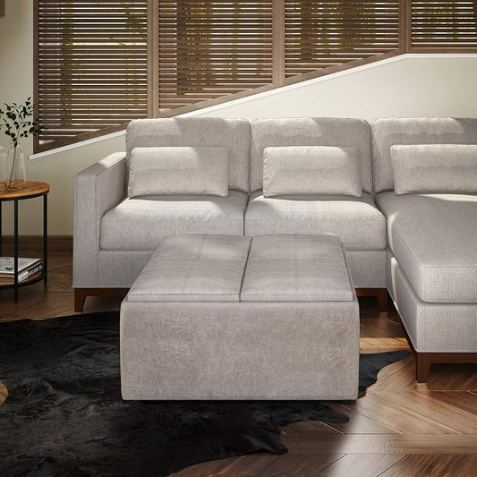 SIMPLIHOME Avalon Wide Contemporary Square Coffee Table Storage Ottoman, Distressed Grey Taupe, Table Ottoman