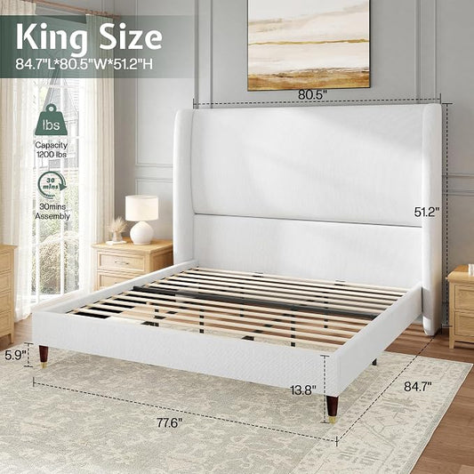 Jocisland King Size Bed Frame 51.2" Wingback Headboard Linen Upholstered Platform Bed,Solid Wood Legs & Wooden Slats,No Box Spring Needed,Noise-Free,for Family Master Suite Cozy Home,White