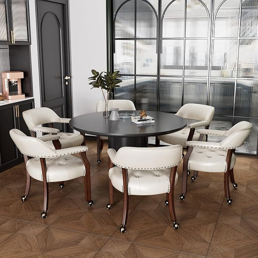 LEEMTORIG Set of 6 Large Dining Chairs with Casters and Arms, Rolling Dining Chairs with Wheels, Solid Wood Office Desk Chairs, 26“Dx25.2 Wx31.5“H, Cherry Legs & Ivory, SY-1533-WT