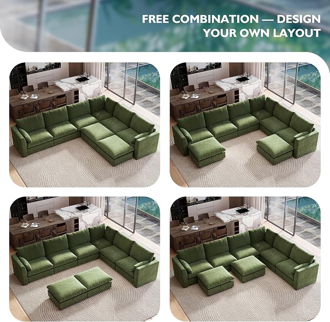 Ihanherry 146" Oversized Modular Sectional Sofa, Modern V Shaped Cloud Couch with 2 Storage Ottoman, 8-Seat Comfy Chenille Deep Seat Sofa with 2 Pillows for Living Room, Green