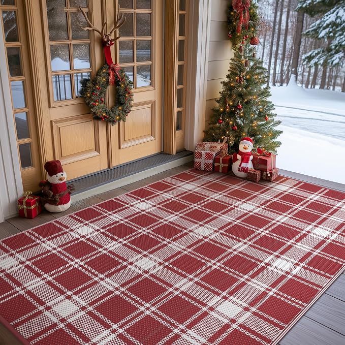 GENIMO Waterproof Outdoor Rug for Patio Clearance, 6'x9' Reversible Plastic Straw Rugs, Lightweight RV Camping Mat for Camper, Balcony, Deck, Backyard, Picnic, Red White Plaid