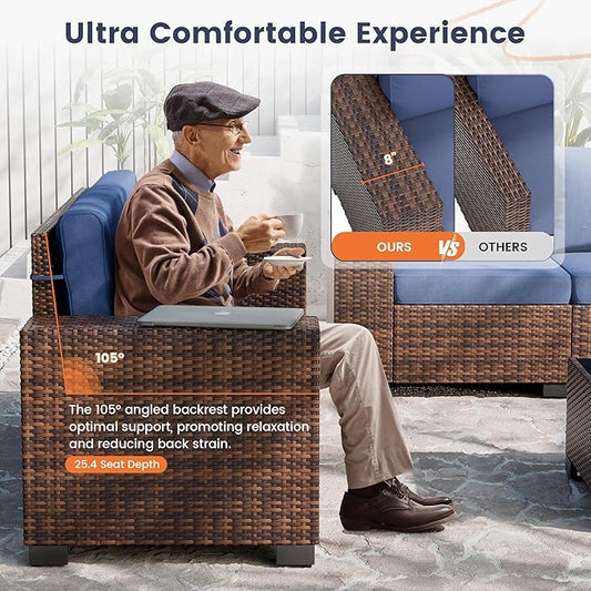 UDPATIO Patio Furniture Set, 8 Inch Armrest Outdoor Sectional Sofa with Wicker Coffee Table, 6 Piece Conversation for Garden, Backyard, Navy Blue