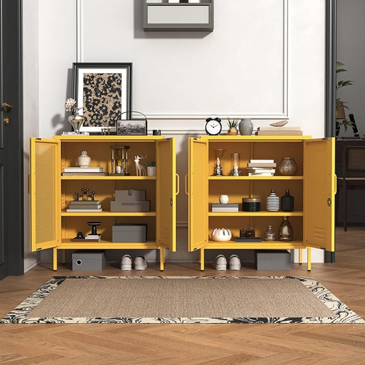 Yellow Lockable Mesh & Metal Door Storage Cabinet, 3-Tier Heavy Duty Steel Locker with 2 Adjustable Shelves, Accent Cabinet for Living Room, Home Office, 33" H x 29.5" W x 13.8" D