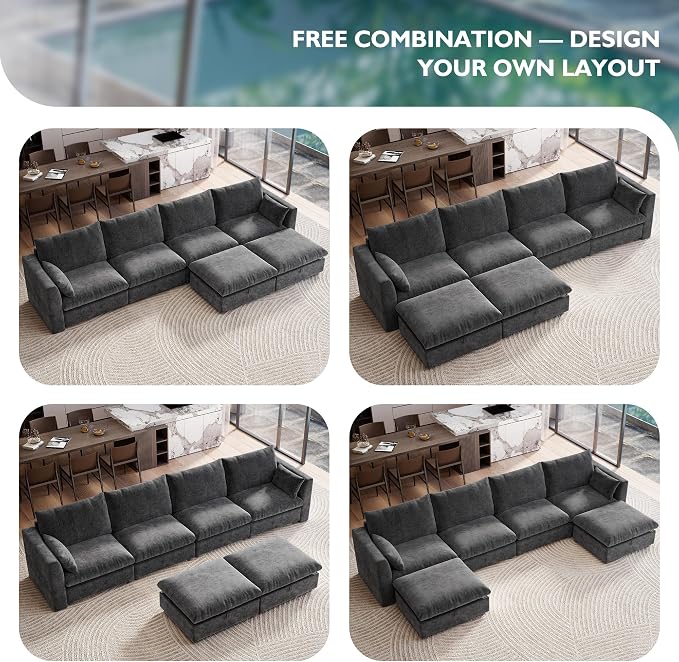 Ihanherry 152" Oversized Modular Sectional Sofa, Modern U Shaped Cloud Couch with 2 Storage Ottoman, 6-Seat Comfy Chenille Deep Seat Sofa with 2 Pillows for Living Room, Grey