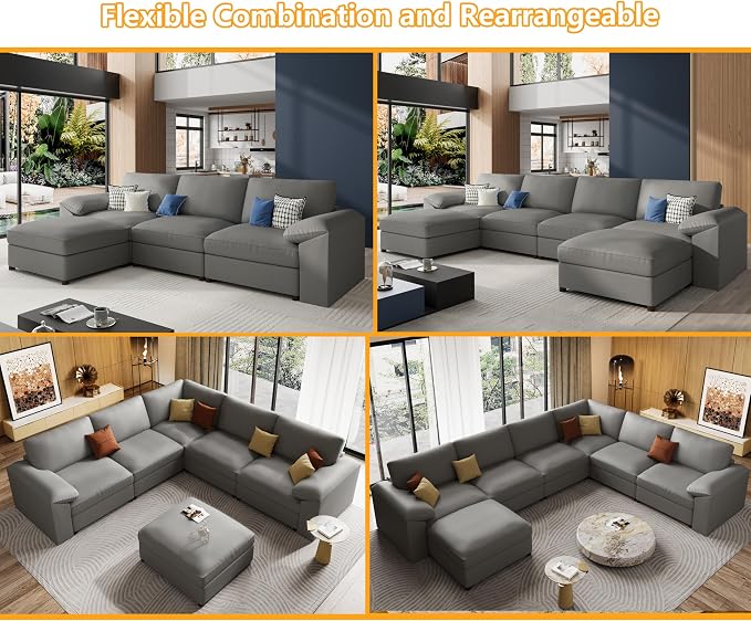 EASE MOOSE Faux Leather Sectional Couch, Oversized Modular Sofa, Modern Comfy Modular Couch, Scratch Resistant Material Sofas, U Shaped Couch for Big Spaces, Grey
