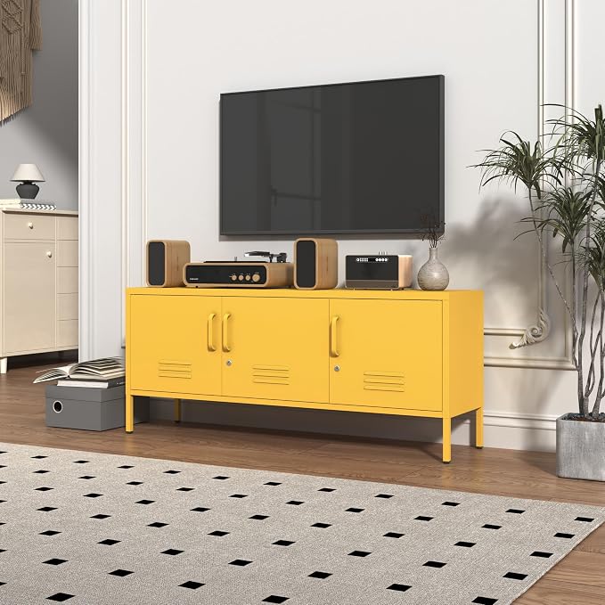 3 Door Lockable Metal TV Stand Storage Cabinet with Accent Cabinet Locker, Wide Heavy Duty Media Console for Large 100+ Inch TVs, Home Office Entertainment Center, Yellow 22"H X 47.3"W X 13.8"D
