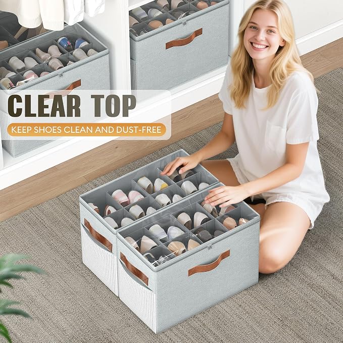 Budding Joy 2 Pack Shoe Organizer for Closet, Clear Foldable Shoe Storage Containers Adjustable Dividers Fits 16 Pairs,Shoe Storage Bins Baskets Boxes with Reinforced Handles Light grey | Farbic shoe storage organizer box bin with clear cover, fits up ...